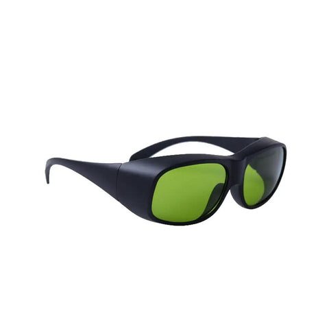 Top Shelf Infrared Laser Protective Glasses For Nd Yag And Multi Wave Bands with green lenses and black frame, side angle view.