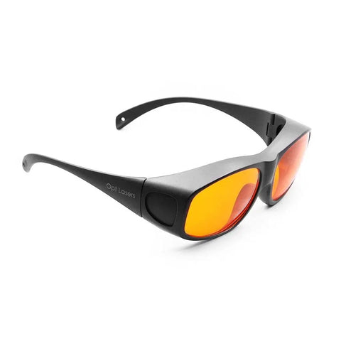 Heavy Duty Laser Safety Glasses Delivering Rock Solid OD Plus Seven Shielding Across The 190 To 540 NM Range, black frame with orange lenses.
