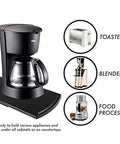 2 Pack Sliding Coffee Maker Tray Slick Rolling Appliance Caddy For Blender Toaster Pullout Kitchen Countertop Organization Durable Black ABS Space Saving Storage Solution with coffee maker and various appliances.