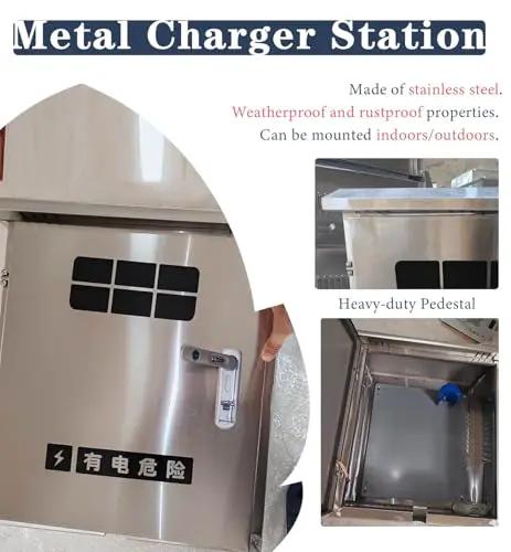 Tough As Nails Rock Solid Waterproof Stainless Steel EV Charger Box Cover With Key Lock And Wall Mount Stand For Outdoor Electric Vehicle Plug Armor Protection, featuring heavy-duty pedestal.