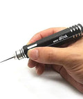 Hand holding Top Shelf Tungsten Steel Scriber Blades with precise tip, ideal for smooth panel line drafting and engraving work.