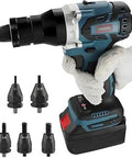 Badass Cordless Rivet Nut Tool With 5200 Mah Battery M3 To M12 Nutsert Gun held by a gloved hand with various die sizes visible.