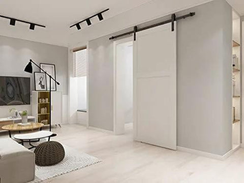 Amazon Basics Sliding Barn Door Hardware Kit 6.6 Foot J Shape Matte Black Carbon Steel 200 Lb Capacity Installed in Room