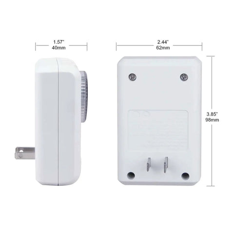 Side and back view of Two Pack 24 Hour Indoor Light Countdown Timer With Polarized Outlet Easy Hookup For Small Appliances And Holiday Decorations 15 Amp UL Certified Auto Run Switch Sets Up In No Time.