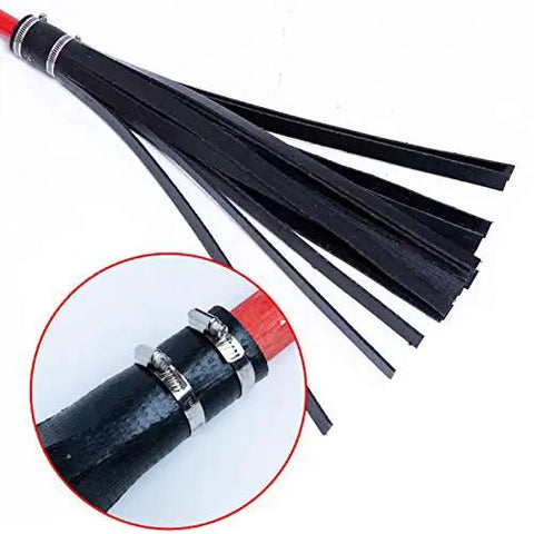 Close-up of black whipping strips and red handle of Heavy Duty Tough As Nails Red Fire Extinguisher With Long Handle Fire Mop Whip Pro Grade Emergency Safety Gear.