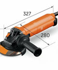 Beefy 1700Watt 125Mm Corded Angle Grinder Featuring Variable Speed Dial And Lockdown AntiVib Handle For Quick Tool Free Abrasive Swaps On Every Heavy Duty Cutting Sanding Workshop Project with dimensions shown.
