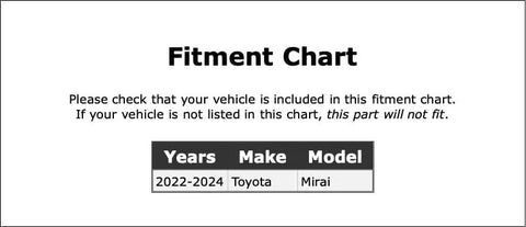 Fitment chart for Gutsy Front Right Wheel Bearing And Hub Assembly For Toyota Mirai 2022 To 2024 with vehicle details.