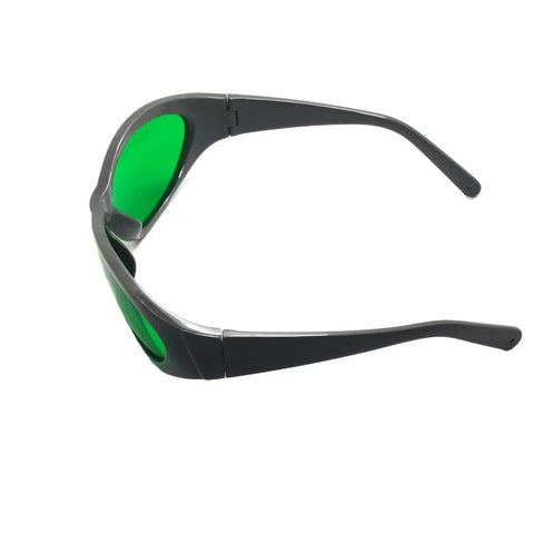 OG Grade Red Laser Protective Glasses For 620 To 700nm Range OD6 Plus Safety Goggles side view with green lenses.