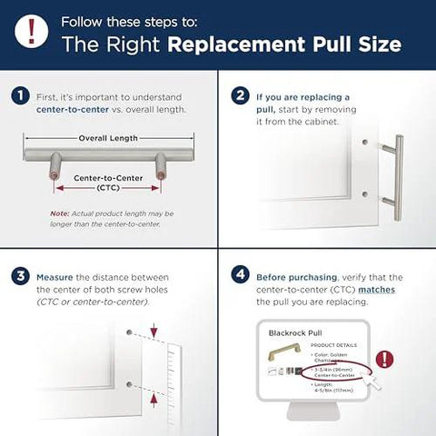 Diagram showing steps to measure replacement pull size for Ladera 5-1/16 Inch Center-To-Center Rectangle Champagne Bronze Cabinet Pull Backplate.