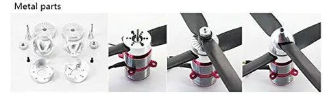 Metal parts of CR23M Coaxial Contra-Rotating Motor 1550KV for RC Helicopter, showcasing assembly components and rotor blades.