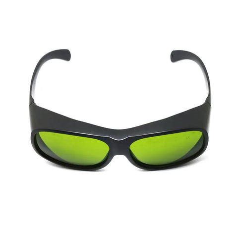 Top Shelf Tough Infrared Laser Safety Glasses Featuring Heavy Duty OD Five Plus And OD Seven Plus Shielding For ND YAG And Diode Lasers Spanning 720 To 1100 Nm Wavelengths Crisp Clear Vision front view of protective eyewear with green lenses.