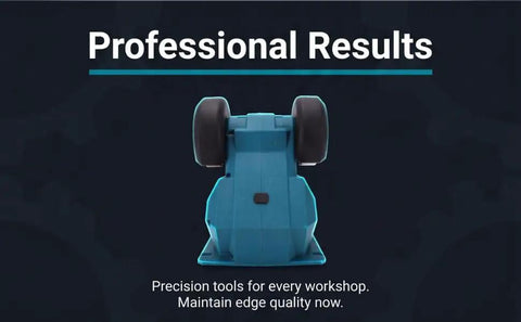 Beefed Up Mini Bench Grinder With Dual Grinding Wheels And Rock Steady Portable Cordless Frame Featuring Suction Grip Base, viewed from behind.