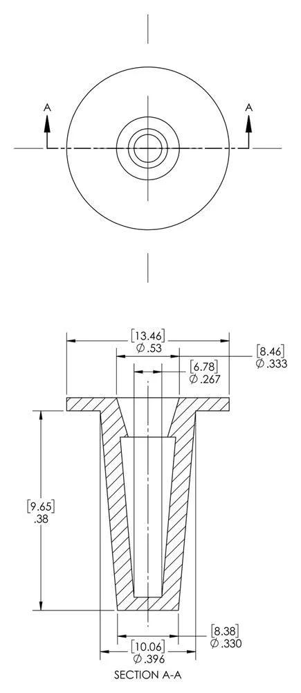 Caplugs T-2X T Series plastic tapered cap and plug, red LD-PE, dust and moisture seal, top view and cross-section