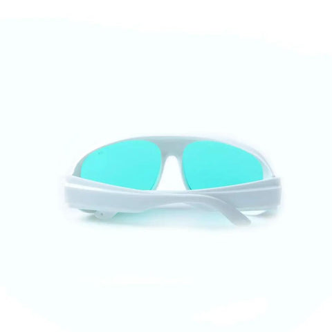 Hardcore Laser Safety Glasses Red Beam Protection Od4 Plus 620 To 700 Nm Range Lb4 Certified with clear white frame and blue lenses.