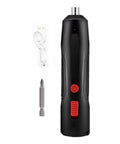 No Sweat Handheld Electric Drill With Ergonomic Cordless Handle, compact size, includes USB cable and screwdriver bit for repairs.