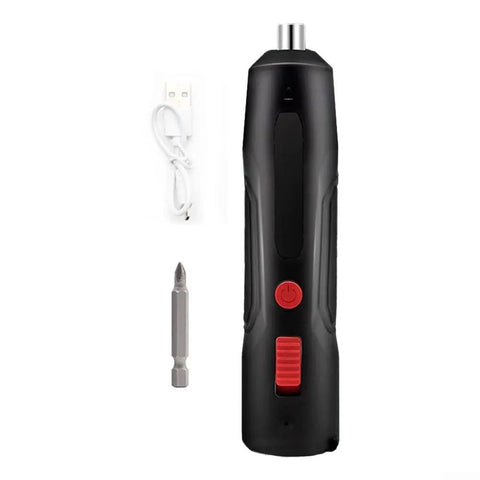 No Sweat Handheld Electric Drill With Ergonomic Cordless Handle, compact size, includes USB cable and screwdriver bit for repairs.