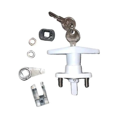 Heavy Duty T Handle Shutter Lock Kit For Accordion Hurricane Storm Shutters includes white steel latch and matching keys.