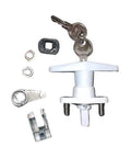 Heavy Duty T Handle Hurricane Shutter Lock For Accordion Centerfold Windows White Matched Key Hardware No Sweat Setup Deadbolt with keys and fittings.