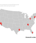 Map of the United States showing locations of 10 warehouses for domestic order deliveries