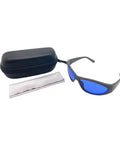 Field Ready Laser Safety Glasses Built Heavy With Slick Polycarbonate Frames And Od Six Plus Optics To Shut Out 560 Through 600Nm Rays And Keep You Locked And Loaded In The Lab with blue lenses, case, and cleaning cloth.