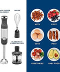 No Sweat 500 Watt Stainless Steel Immersion Blender With Removable Whisk And Spout Blending Jar For Thick Smoothies Quick Purees And Bold Homemade Sauces Dual Speed Hand Blender Kit with whisk and food items.