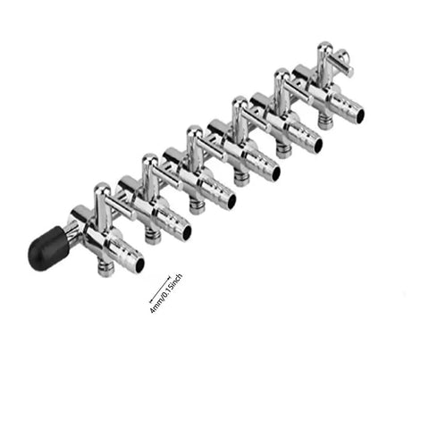 Heavy Duty Six Way Inline Manifold Air Flow Control Valve With Slick Lever Adjustment For Aquarium Tanks And Fish Bowl Aeration Systems Hella Reliable Copper Nickel Tubing Splitter Two Pack, silver finish, multiple ports.