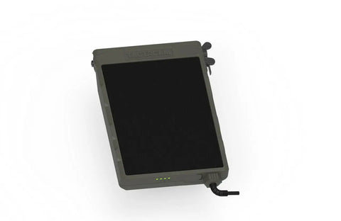 Run Forever Solar Panel With Built In High Capacity Battery For Trail Cameras shown from above, in weatherproof housing with connecting cable.