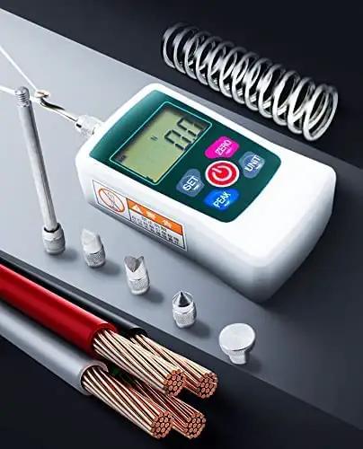 Heavy Duty Digital Trigger Pull Gauge And Badass Force Meter Tester With Switchable Units For Gun Triggers And Mechanic Shop Hardware 500N Push Compression Load Testing Rig displayed with accessories.