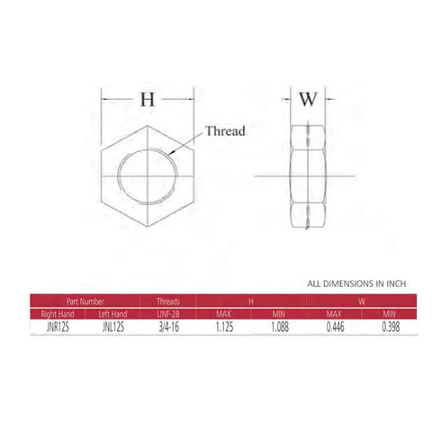 Technical drawing of 3/4-16 thread hex nut dimensions labeled H and W for Beefy Chromoly Heim Joints In A No Fluff Set.