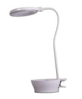 Side view of LED task light with magnifier lamp, clip-on or free-standing, white finish, adjustable, touch-activated dimming.
