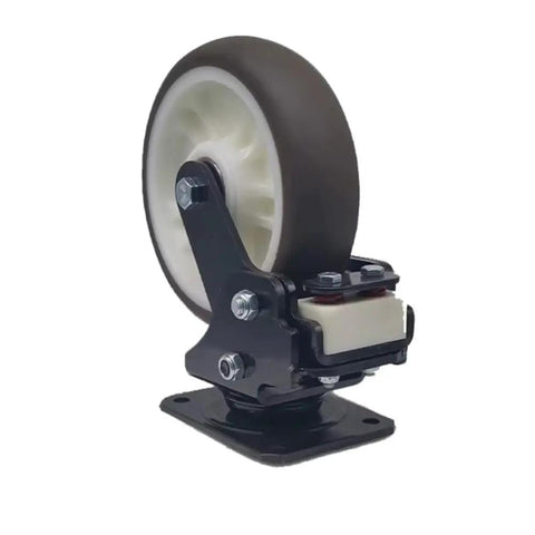 4 Inch Shock Absorbing Swivel Caster With Synthetic Rubber Tread And Nylon Hub Rigged As Heavy Duty Industrial Grade Wheels on a metal base.