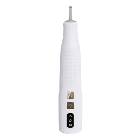 Badass Cordless Electric Pickup Pen With Reliable Vacuum Grip To Snag Loose Bits Zero Sweat For Desk Projects Plus Bright Light And Smooth Angled Tip For Crisp Workflows in white with angled tip and buttons.