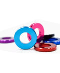 No BS 6063 T6 Aluminum Flat Washers In Titanium Gray Anodized Coating Built Tough For Quick Fixes With Superior Corrosion Resistance And Precision Machined Edges Fits M3 To M10 Screws Flawlessly In A Twenty Piece Set You Will Love, showcasing colorful washers.
