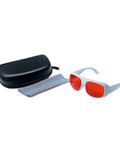 High Grade Professional Laser Safety Glasses Built Like A Tank With Od7 Optical Density Blocking 180 To 534Nm Spectra in a set with case and cleaning cloth.