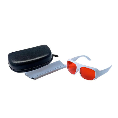 High Grade Professional Laser Safety Glasses Built Like A Tank With Od7 Optical Density Blocking 180 To 534Nm Spectra in a set with case and cleaning cloth.