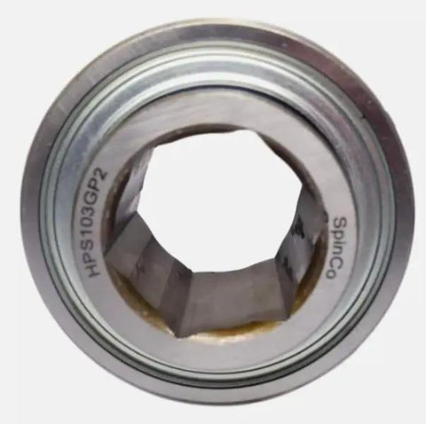 Heavy Duty Agricultural Roller Bearing With 1 1 4 Inch Hex Shaft view of hex opening and curved seal design for robust farm use.