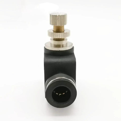 Close-up of Five Pack One Quarter Inch Pneumatic Air Flow Control Valve Set With Union Straight In Line Speed Controller Fittings