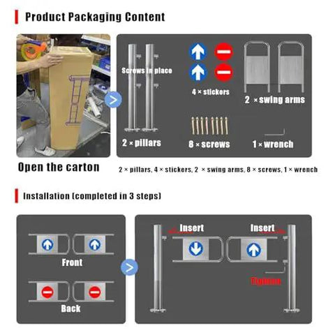 Product packaging overview for Heavy Duty One Way Swing Gate Spring Loaded Security Barrier showing included assembly parts and installation steps.