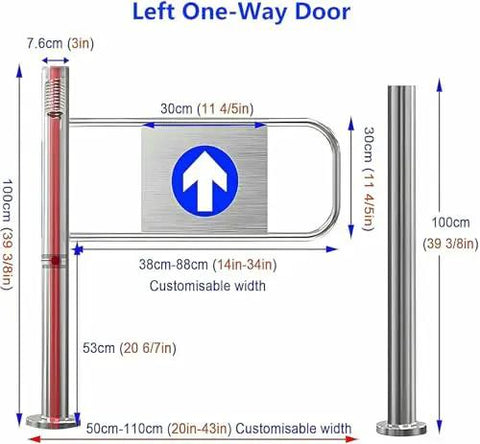 Hella Durable Spring Loaded One Way Pedestrian Swing Gate For Retail Shops And Warehouses With No Sweat Installation And Stylish Decorative Covers For Reliable Crowd Flow, dimensions diagram.
