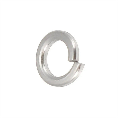 Close-up of a single M3 304 stainless steel split lock washer from O Ring Assortment Kit 100 Pcs M3 304 Stainless Steel Split Lock Washers And Spring Washers For Fasteners DIY Projects Automotive Hardware Set Must Have Handy Vibration Resistant, shown alone on a white background for vibration control and fastener stability.