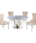 Super Sleek White Marble Round Dining Set With Four Plush Cream Velvet Chairs And No Hassle Lazy Susan Top Featuring Rugged Silver Stainless Steel Base.