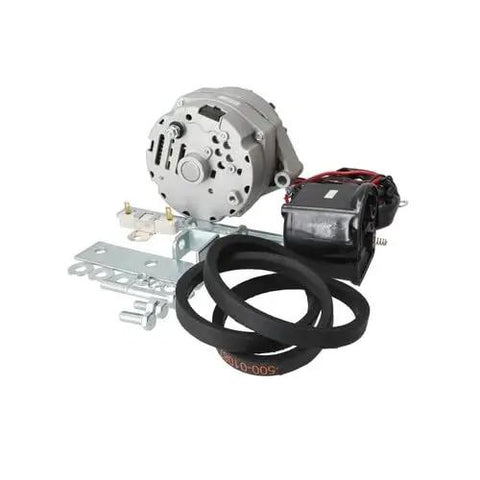 No Sweat Alternator Conversion Kit For Ford 2N 9N 8N Tractors includes alternator, brackets, hardware, and belt.