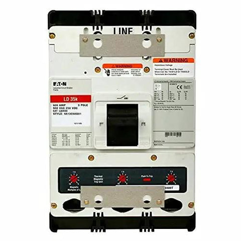 LD3600 Molded Case Circuit Breaker with warning labels, thermal magnetic trip, and mounting hardware for industrial applications.