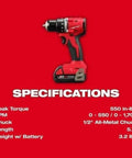 Badass Half Inch Brushless Compact Drill Driver Kit With An All Metal Gear Housing And Slick Chuck Handle Built Different For Heavy Duty Job Site Grunt Work specifications on red background.