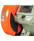 14 Inch Variable Speed Cold Saw With A Badass 3HP Direct Drive Motor For Smashing Through Steel Tubes With Zero Chatter And Precise 45 Degree Miter Cuts On Any Industrial Workspace close-up showing blade guard and motor.