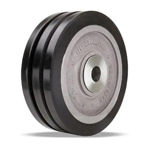 Heavy Duty Triple Wheel Caster With Bulletproof Polyurethane Tread 10 Inch Diameter 3 Inch Width 5900 Pound Load Capacity precision ball bearing close-up.