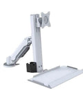 Flex Your Home Office Game With This Rock Solid White Single Arm TV Mount Featuring Effortless Air Pressure Height Adjustment Instant Lock Swivel Bracket And Integrated Keyboard Mouse Tray For Zero Hassle Comfort And Clean Cable Setup, showing a white aluminum monitor arm with keyboard tray.