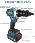 Precision Engineered Workhorse Cordless Rivet Gun With Auto Pop Riveting And Rivet Nut Capability M3 To M12 Steel Inserts 26V Battery Pack featuring LED light, anti-slip handle, and smart button panel.