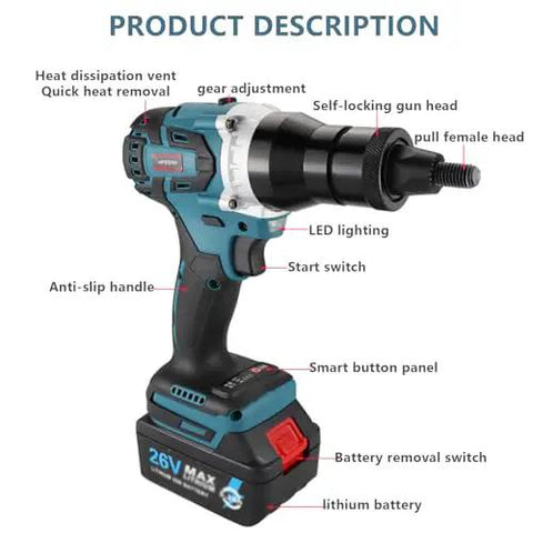 Built Tough Cordless Rivet Nut Gun Set For Automatic Pop Rivet Work And Hella Handy M3 Through M12 Installation Kit front view showing features like LED lighting and anti-slip handle.