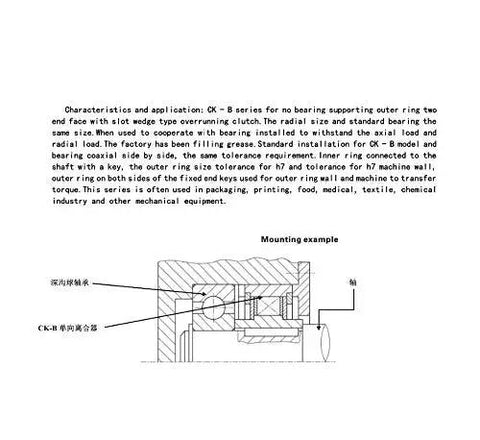 Detailed illustration of CK-B series one way clutch needle roller bearings installation for use in various industries.